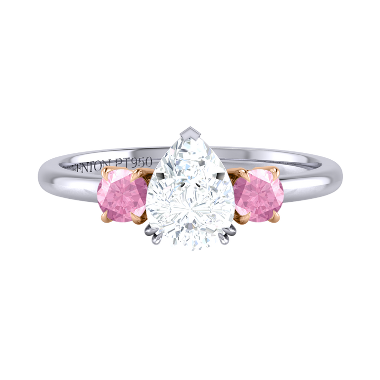 Naturally Mined Diamond Trilogy Pear Cut Diamond and Pink Sapphire Platinum Ring