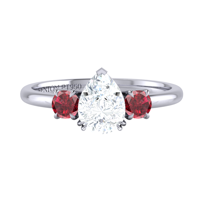 Naturally Mined Diamond Trilogy Pear Cut Diamond and Ruby Platinum Ring