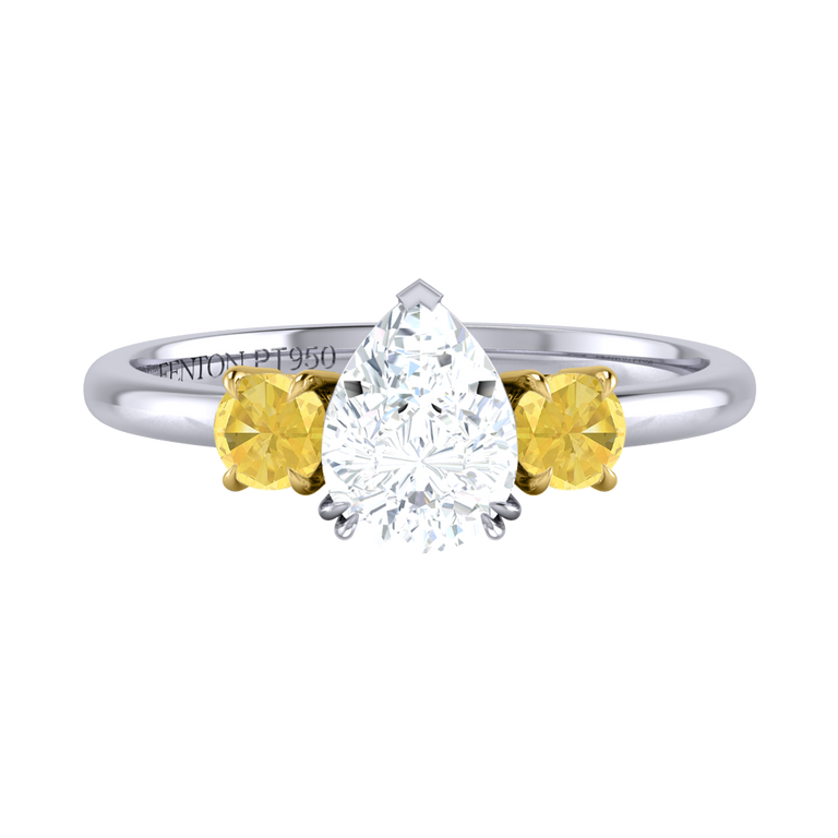 Lab Grown Solar Diamond Trilogy Pear Cut Diamond and Yellow Sapphire Platinum Ring