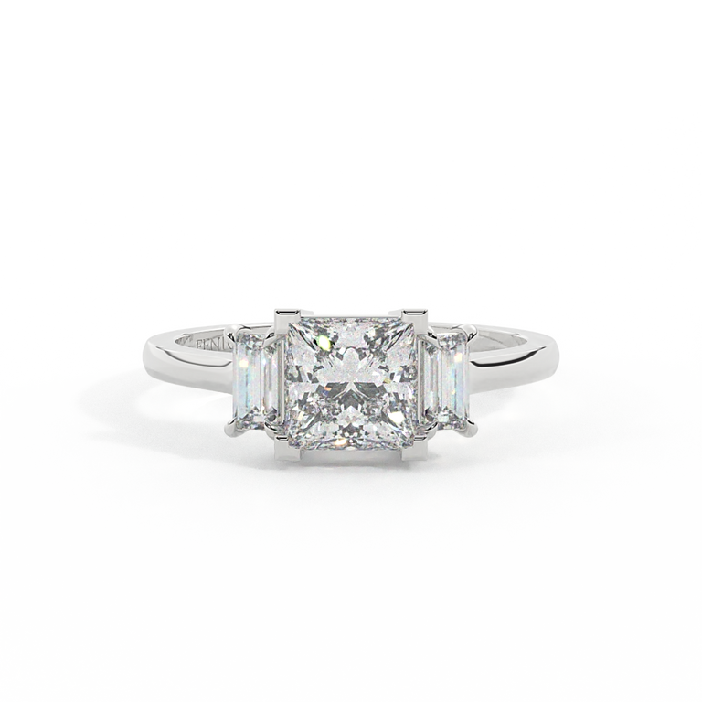 Lab Grown Diamond Trilogy Princess Cut Diamond Platinum Ring with Baguette Accents