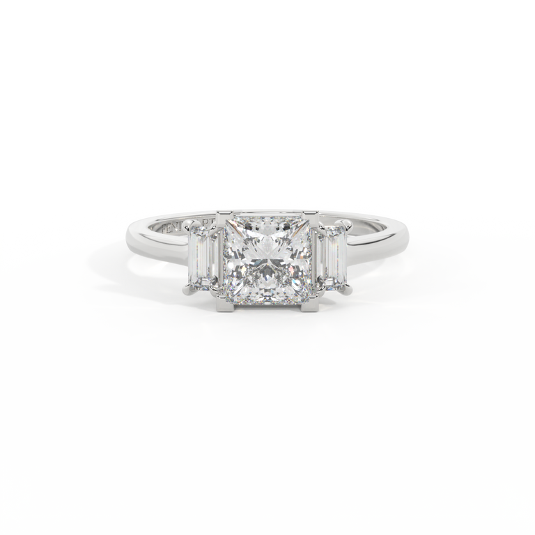 Lab Grown Diamond Trilogy Princess Cut Diamond Platinum Ring with Baguette Accents