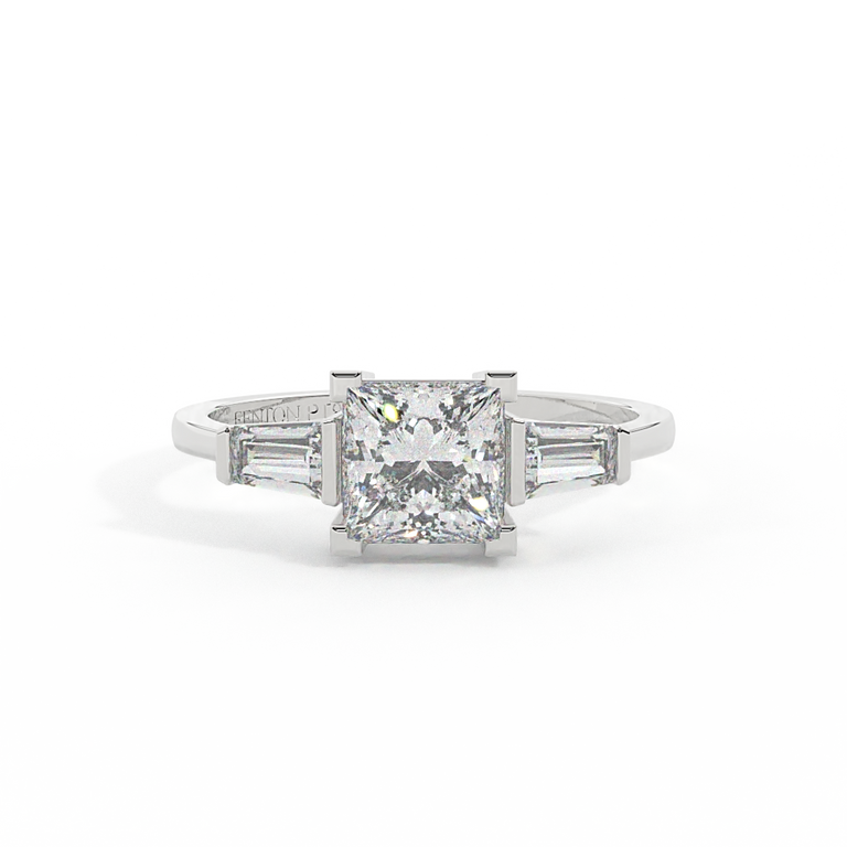 Lab Grown Diamond Trilogy Princess Cut Diamond Platinum Ring with Tapered Baguette Accents