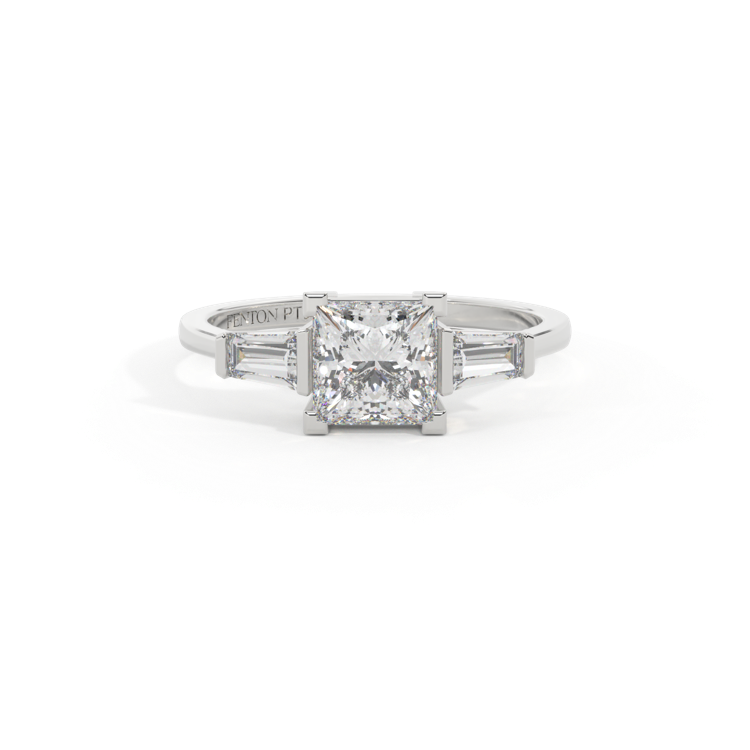 Lab Grown Diamond Trilogy Princess Cut Diamond Platinum Ring with Tapered Baguette Accents