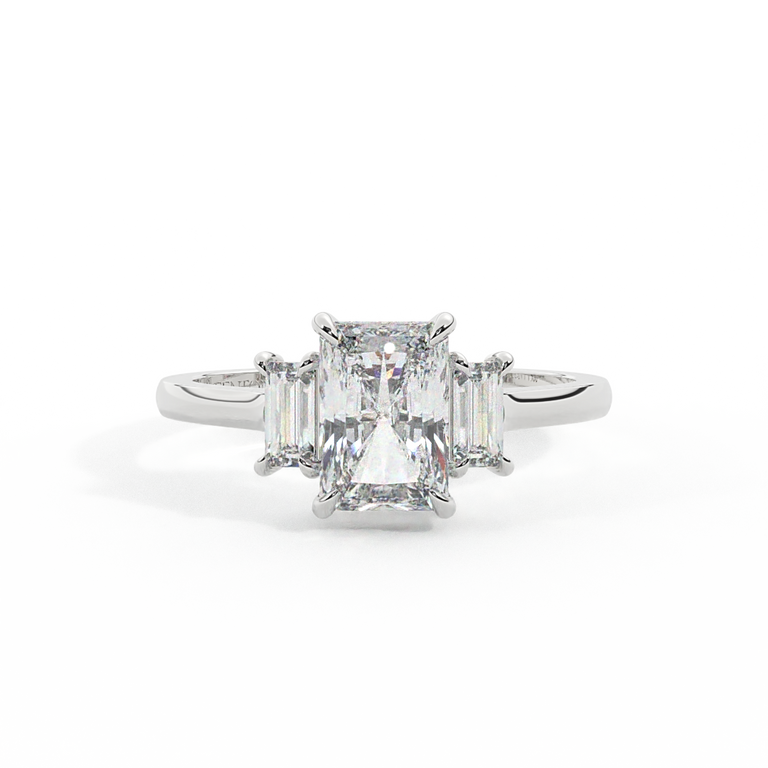 Lab Grown Diamond Trilogy Radiant Cut Diamond Platinum Ring with Baguette Accents