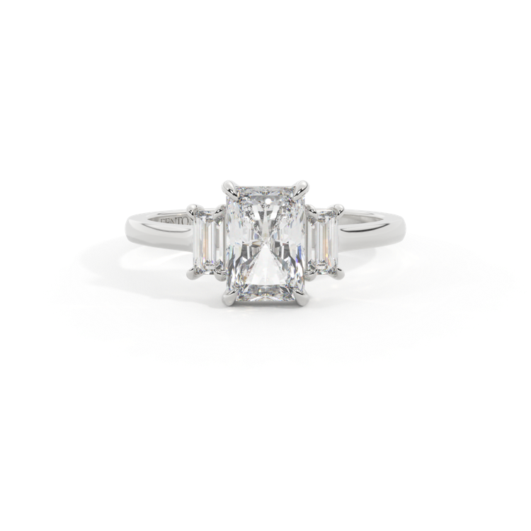 Lab Grown Diamond Trilogy Radiant Cut Diamond Platinum Ring with Baguette Accents