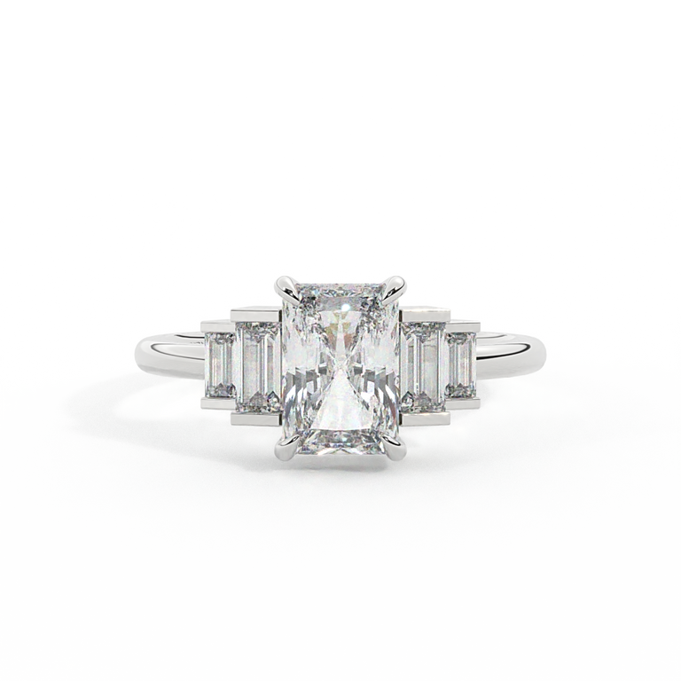 Lab Grown Diamond Trilogy Radiant Cut Diamond Platinum Ring with Double Baguette Accents