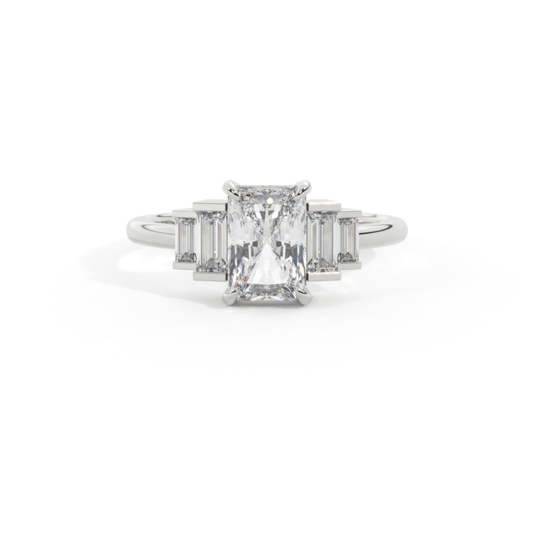 Lab Grown Diamond Trilogy Radiant Cut Diamond Platinum Ring with Double Baguette Accents