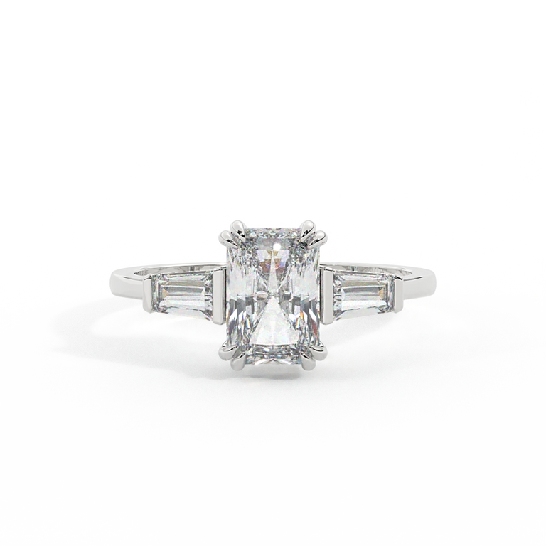 Lab Grown Diamond Trilogy Radiant Cut Diamond Platinum Ring with Tapered Baguette Accents