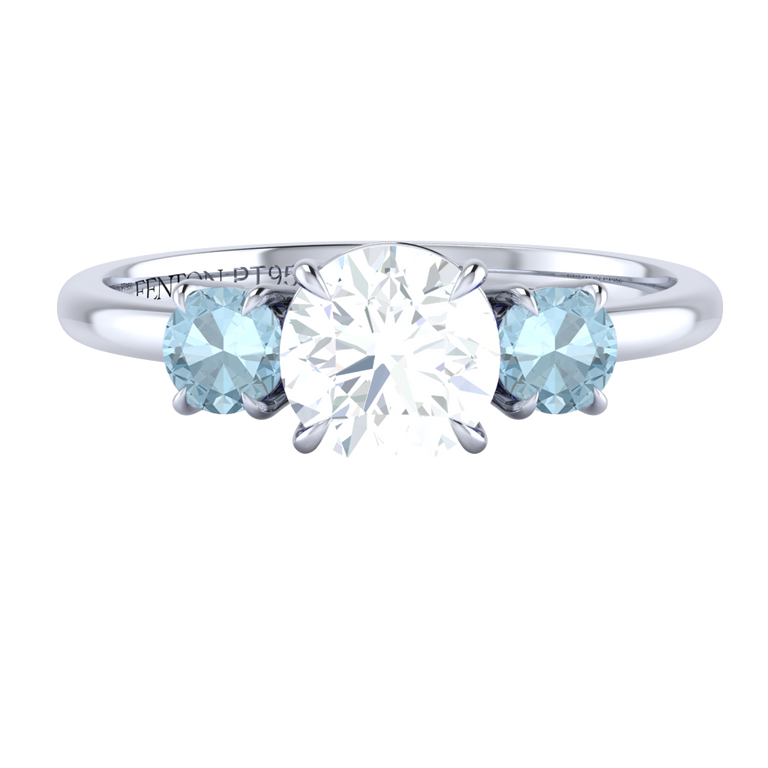 Lab Grown Diamond Trilogy Round Cut Diamond and Aquamarine Platinum Ring