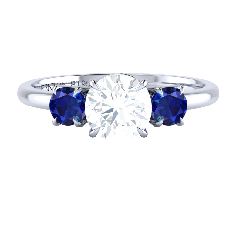 Naturally Mined Diamond Trilogy Round Cut Diamond and Blue Sapphire Platinum Ring