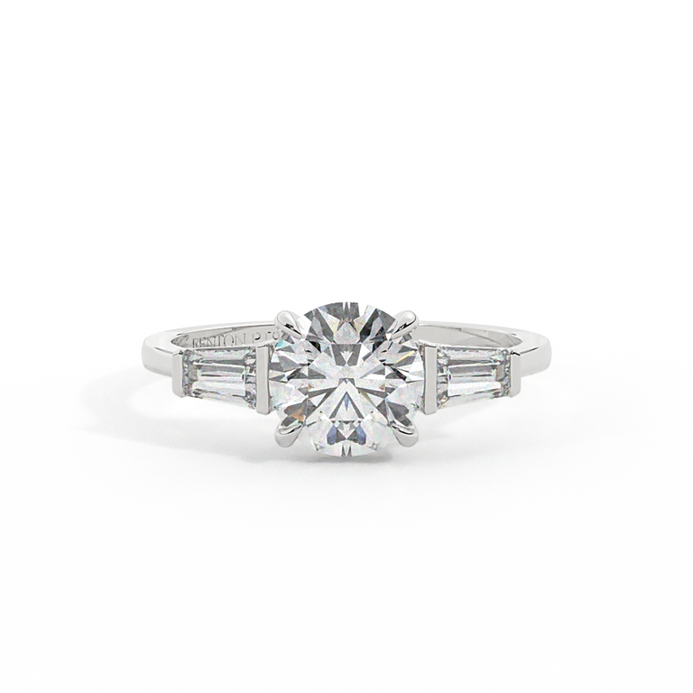 Lab Grown Diamond Trilogy Round Cut Diamond Platinum Ring with Tapered Baguette Accents