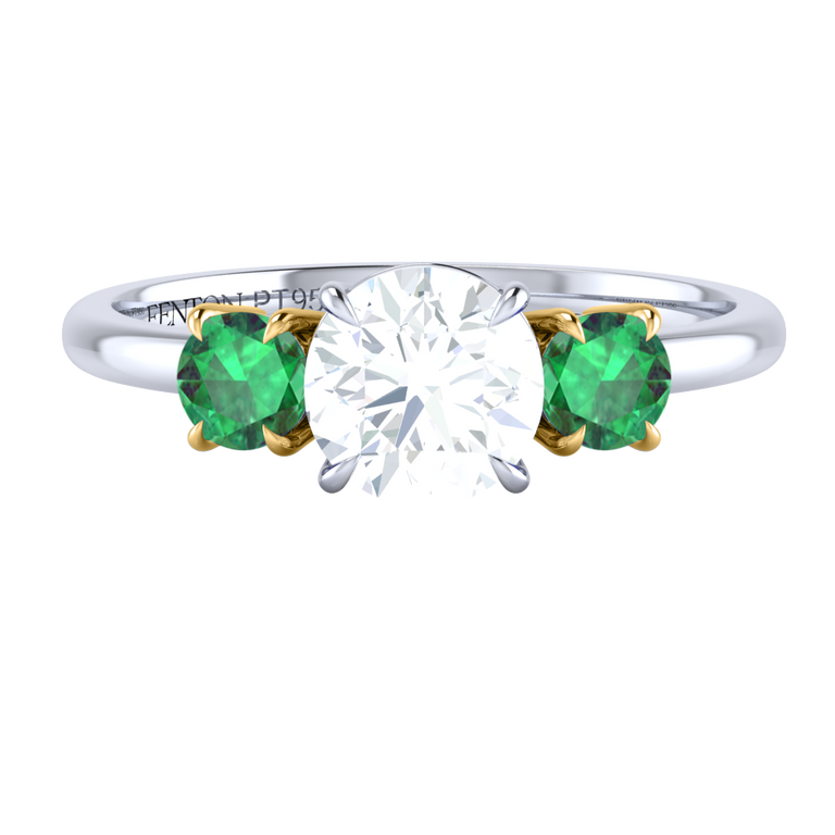 Naturally Mined Diamond Trilogy Round Cut Diamond and Emerald Platinum Ring