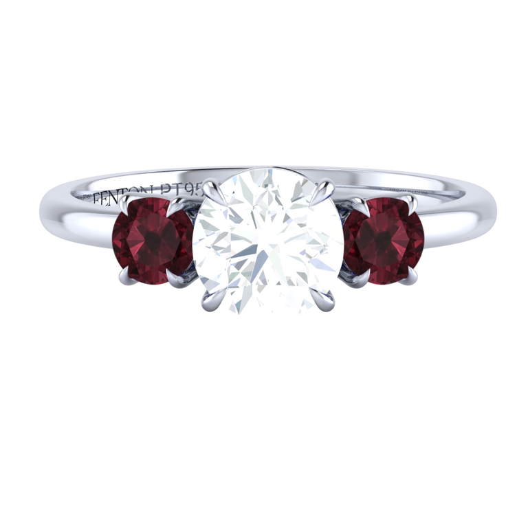 Lab Grown Diamond Trilogy Round Cut Diamond and Garnet Platinum Ring