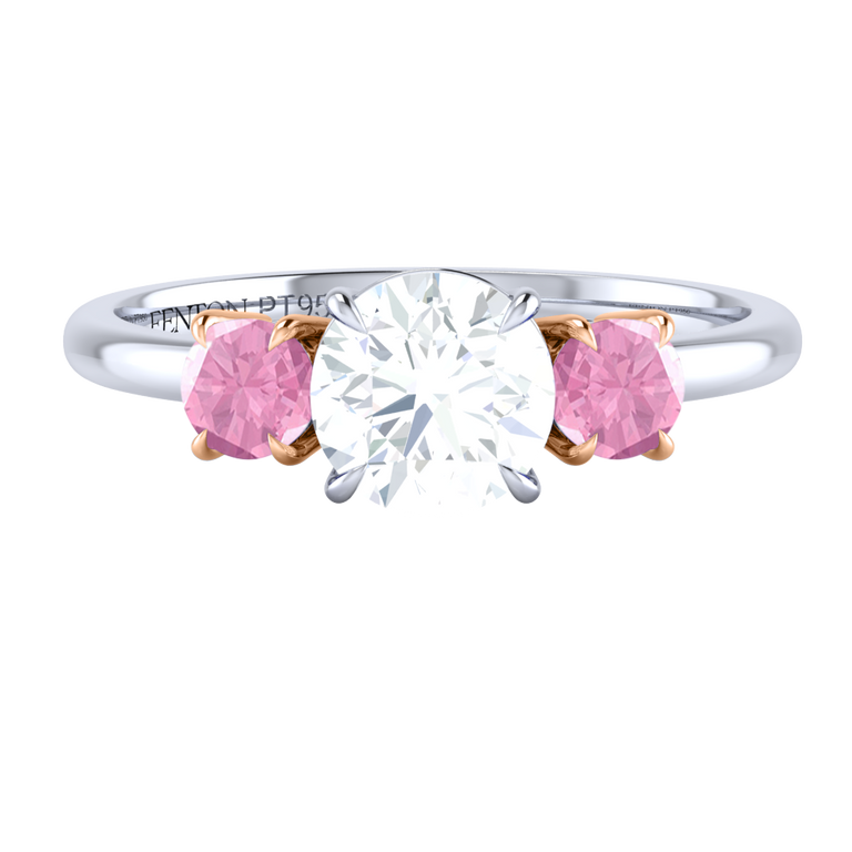 Lab Grown Solar Diamond Trilogy Round Cut Diamond and Pink Sapphire Platinum Ring