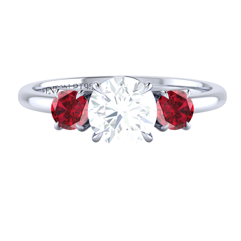 Lab Grown Solar Diamond Trilogy Round Cut Diamond and Ruby Platinum Ring