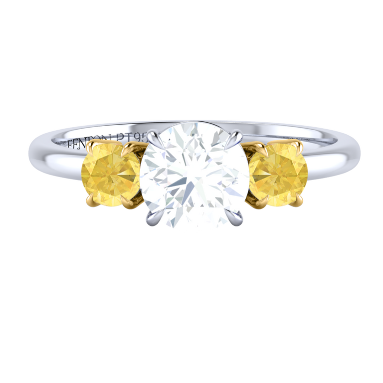 Lab Grown Solar Diamond Trilogy Round Cut Diamond and Yellow Sapphire Platinum Ring
