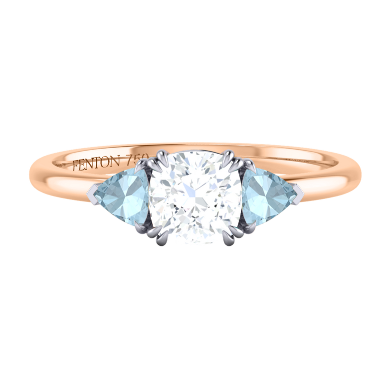 Naturally Mined Diamond Trilogy Cushion Cut Diamond and Aquamarine 18k Rose Gold Ring