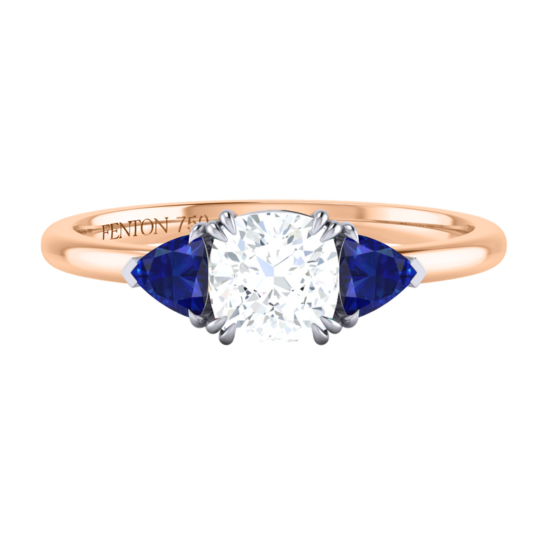 Lab Grown Solar Diamond Trilogy Cushion Cut Diamond and Blue Sapphire 18k Rose Gold Ring