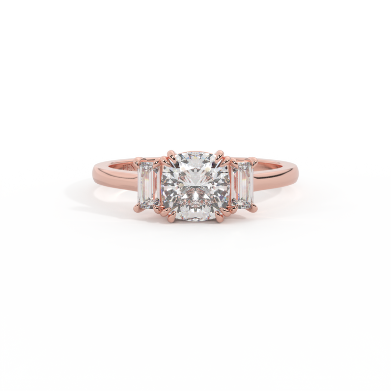 Naturally Mined Diamond Trilogy Cushion Cut Diamond 18k Rose Gold Ring with Baguette Accents