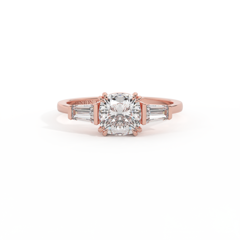 Naturally Mined Diamond Trilogy Cushion Cut Diamond 18k Rose Gold Ring with Tapered Baguette Accents