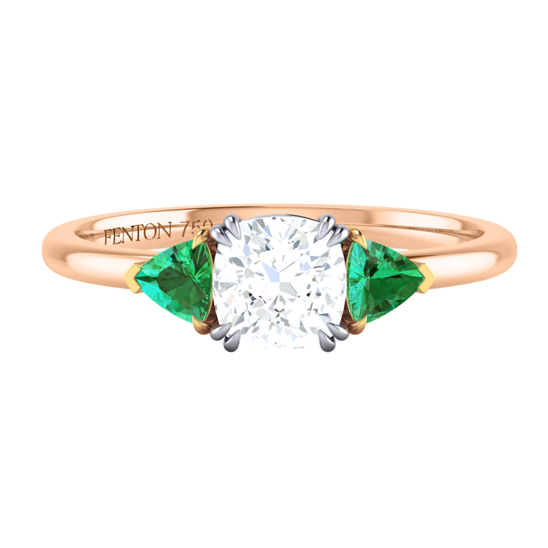 Naturally Mined Diamond Trilogy Cushion Cut Diamond and Emerald 18k Rose Gold Ring