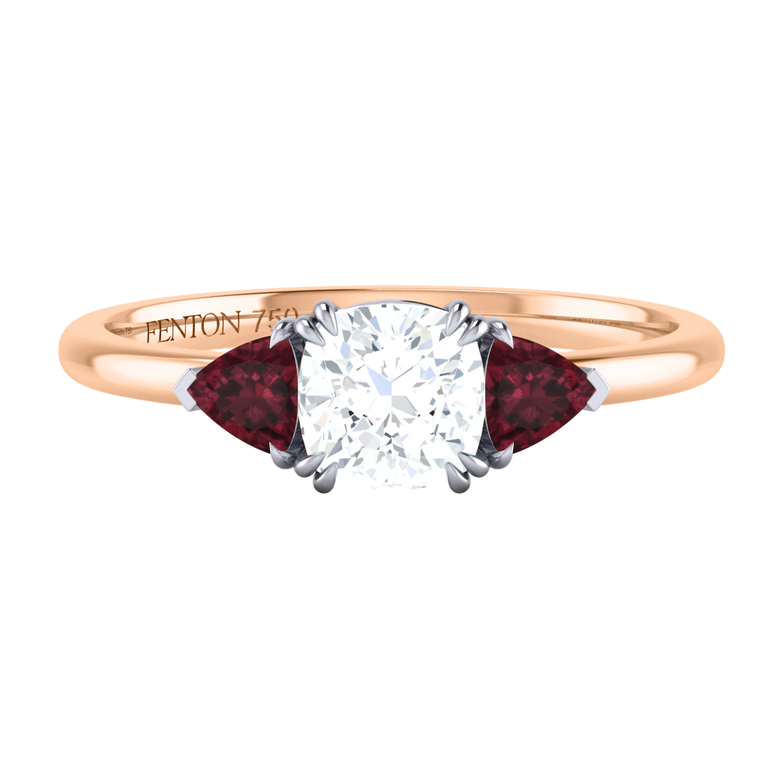 Naturally Mined Diamond Trilogy Cushion Cut Diamond and Garnet 18k Rose Gold Ring