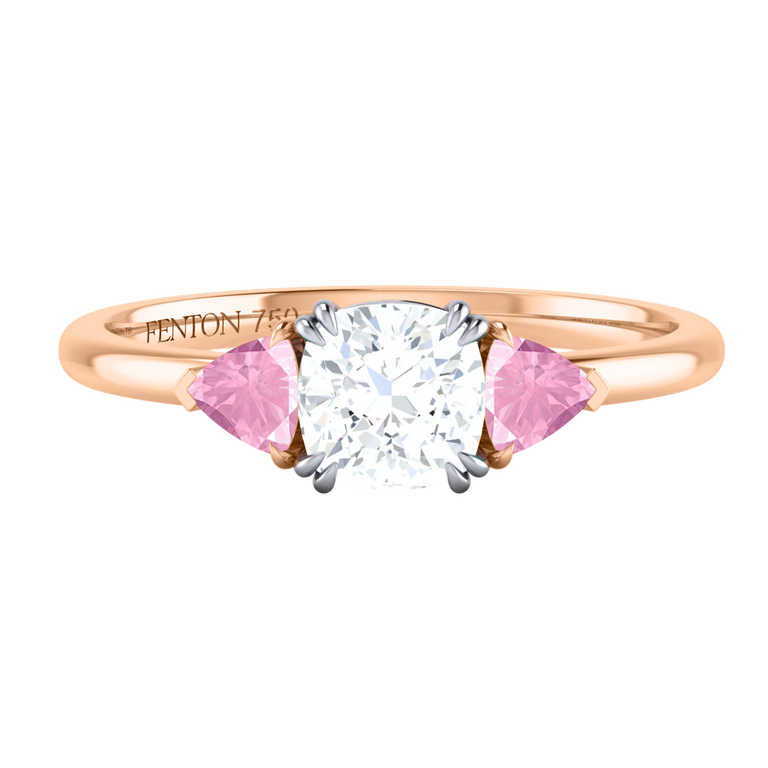 Naturally Mined Diamond Trilogy Cushion Cut Diamond and Pink Sapphire 18k Rose Gold Ring