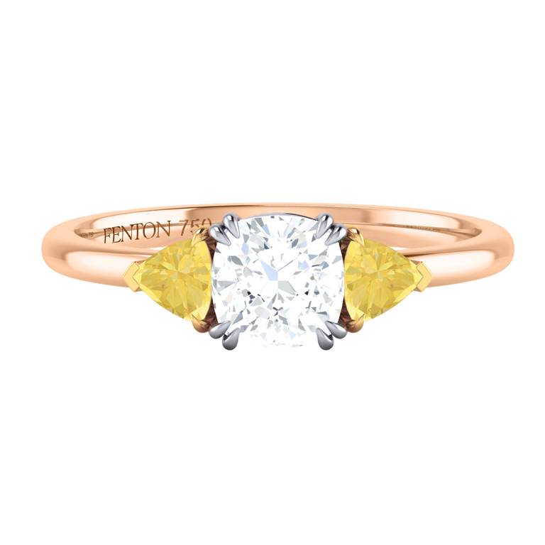 Naturally Mined Diamond Trilogy Cushion Cut Diamond and Yellow Sapphire 18k Rose Gold Ring