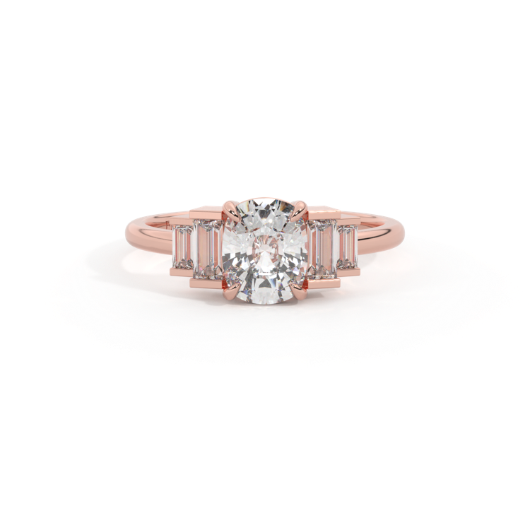 Lab Grown Diamond Trilogy Elongated Cushion Cut Diamond 18k Rose Gold Ring with Double Baguette Accents