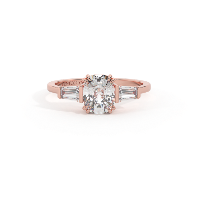 Lab Grown Diamond Trilogy Elongated Cushion Cut Diamond 18k Rose Gold Ring with Tapered Baguette Accents