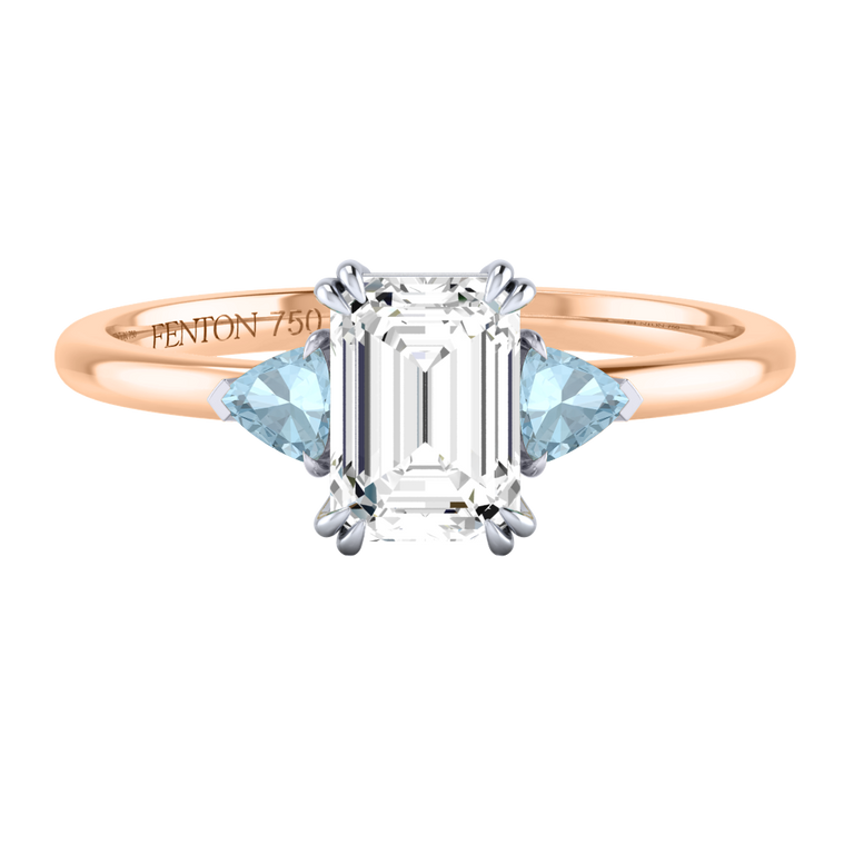 Naturally Mined Diamond Trilogy Emerald Cut Diamond and Aquamarine 18k Rose Gold Ring