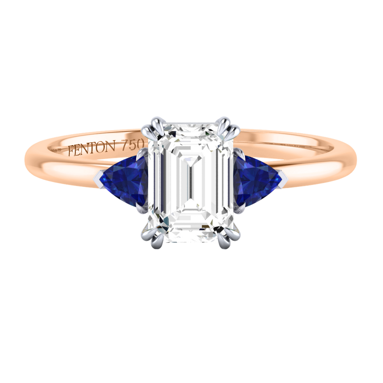 Lab Grown Solar Diamond Trilogy Emerald Cut Diamond and Blue Sapphire 18k Rose Gold Ring