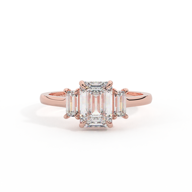 Lab Grown Diamond Trilogy Emerald Cut Diamond 18k Rose Gold Ring with Baguette Accents