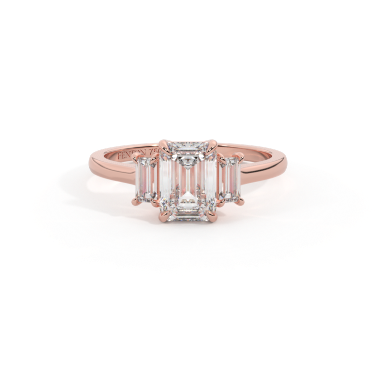 Lab Grown Diamond Trilogy Emerald Cut Diamond 18k Rose Gold Ring with Baguette Accents