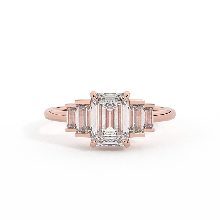 Lab Grown Diamond Trilogy Emerald Cut Diamond 18k Rose Gold Ring with Double Baguette Accents