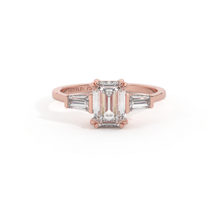 Lab Grown Diamond Trilogy Emerald Cut Diamond 18k Rose Gold Ring with Tapered Baguette Accents