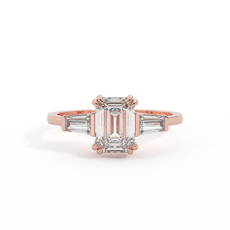 Lab Grown Diamond Trilogy Emerald Cut Diamond 18k Rose Gold Ring with Tapered Baguette Accents