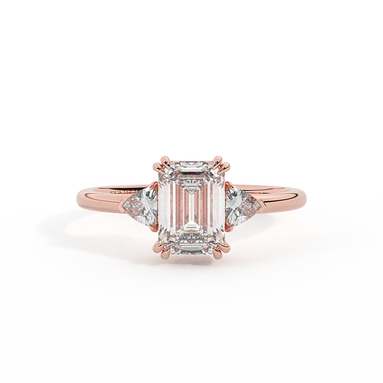 Lab Grown Diamond Trilogy Emerald Cut Diamond 18k Rose Gold Ring with Trillion Accents