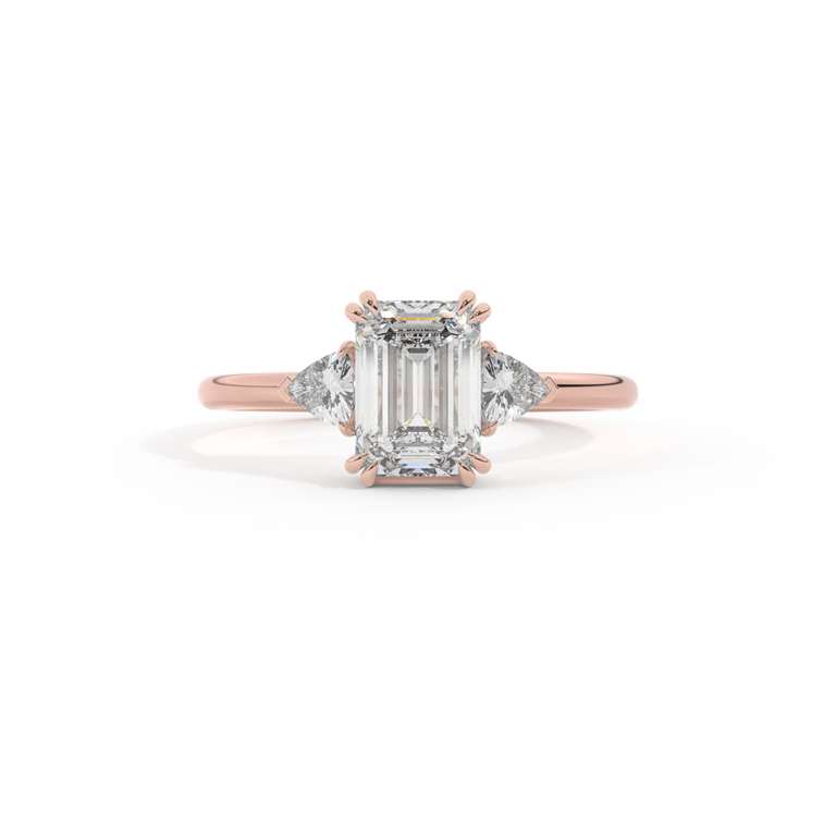 Lab Grown Diamond Trilogy Emerald Cut Diamond 18k Rose Gold Ring with Trillion Accents