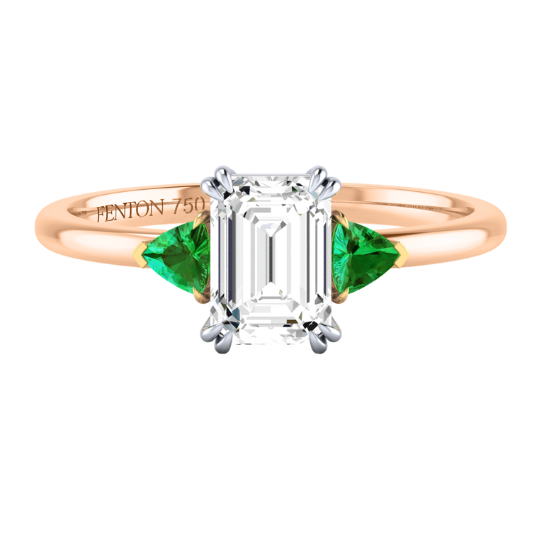 Lab Grown Diamond Trilogy Emerald Cut Diamond and Emerald 18k Rose Gold Ring