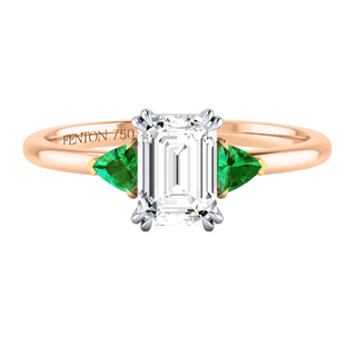 Lab Grown Solar Diamond Trilogy Emerald Cut Diamond and Emerald 18k Rose Gold Ring