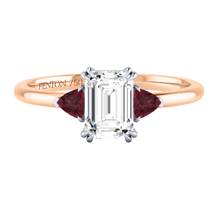 Naturally Mined Diamond Trilogy Emerald Cut Diamond and Garnet 18k Rose Gold Ring