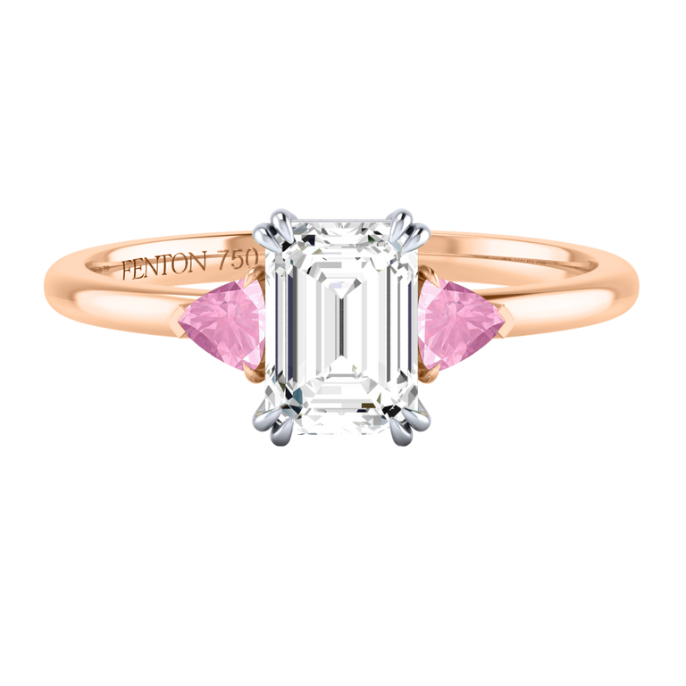 Lab Grown Diamond Trilogy Emerald Cut Diamond and Pink Sapphire 18k Rose Gold Ring