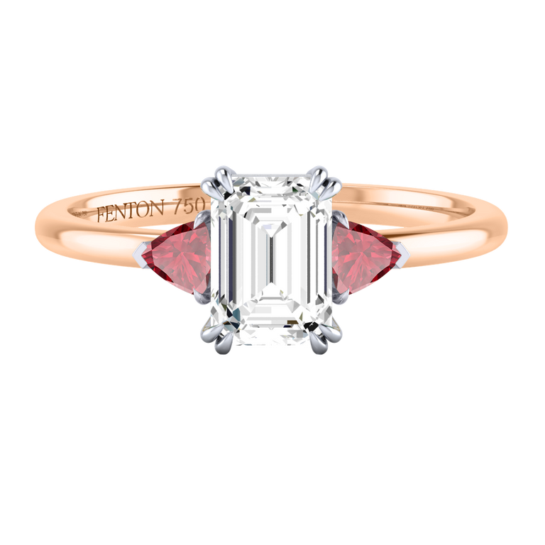 Lab Grown Solar Diamond Trilogy Emerald Cut Diamond and Ruby 18k Rose Gold Ring