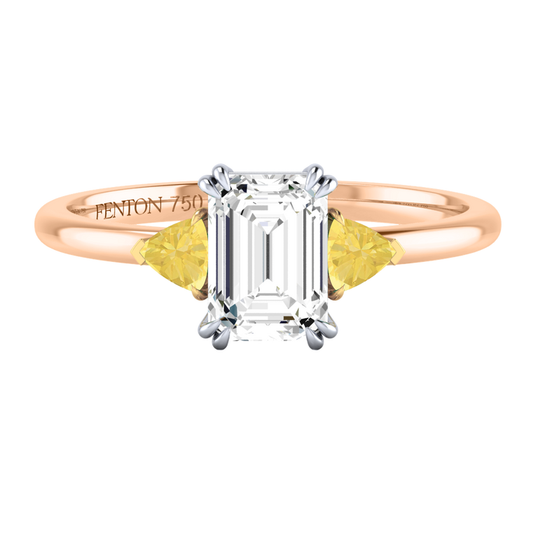 Naturally Mined Diamond Trilogy Emerald Cut Diamond and Yellow Sapphire 18k Rose Gold Ring