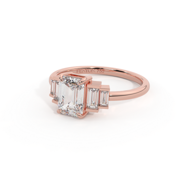 Lab Grown Diamond Trilogy Emerald Cut Diamond 18k Rose Gold Ring with Double Baguette Accents