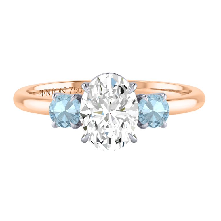 Lab Grown Diamond Trilogy Oval Cut Diamond and Aquamarine 18k Rose Gold Ring
