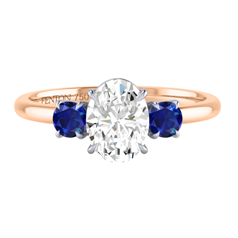 Naturally Mined Diamond Trilogy Oval Cut Diamond and Blue Sapphire 18k Rose Gold Ring