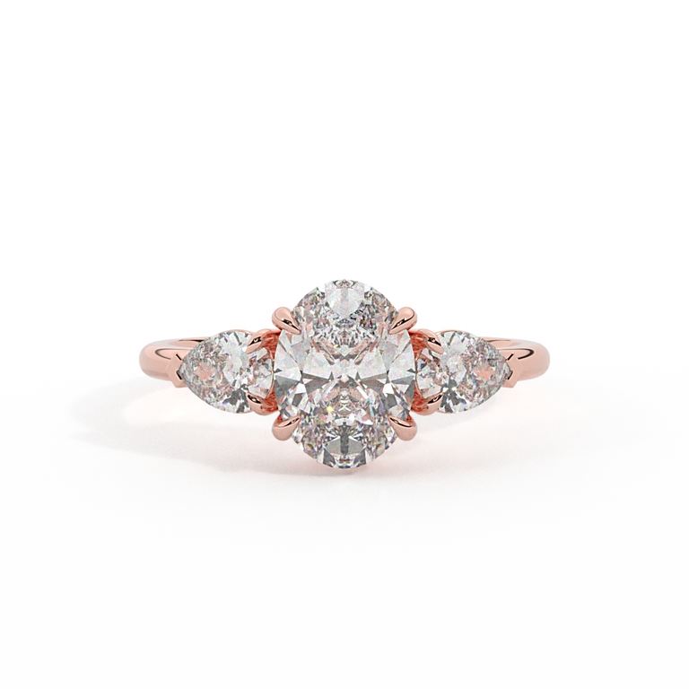 Lab Grown Diamond Trilogy Oval Cut Diamond 18k Rose Gold Ring with Pear Accents