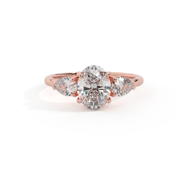 Lab Grown Diamond Trilogy Oval Cut Diamond 18k Rose Gold Ring with Pear Accents